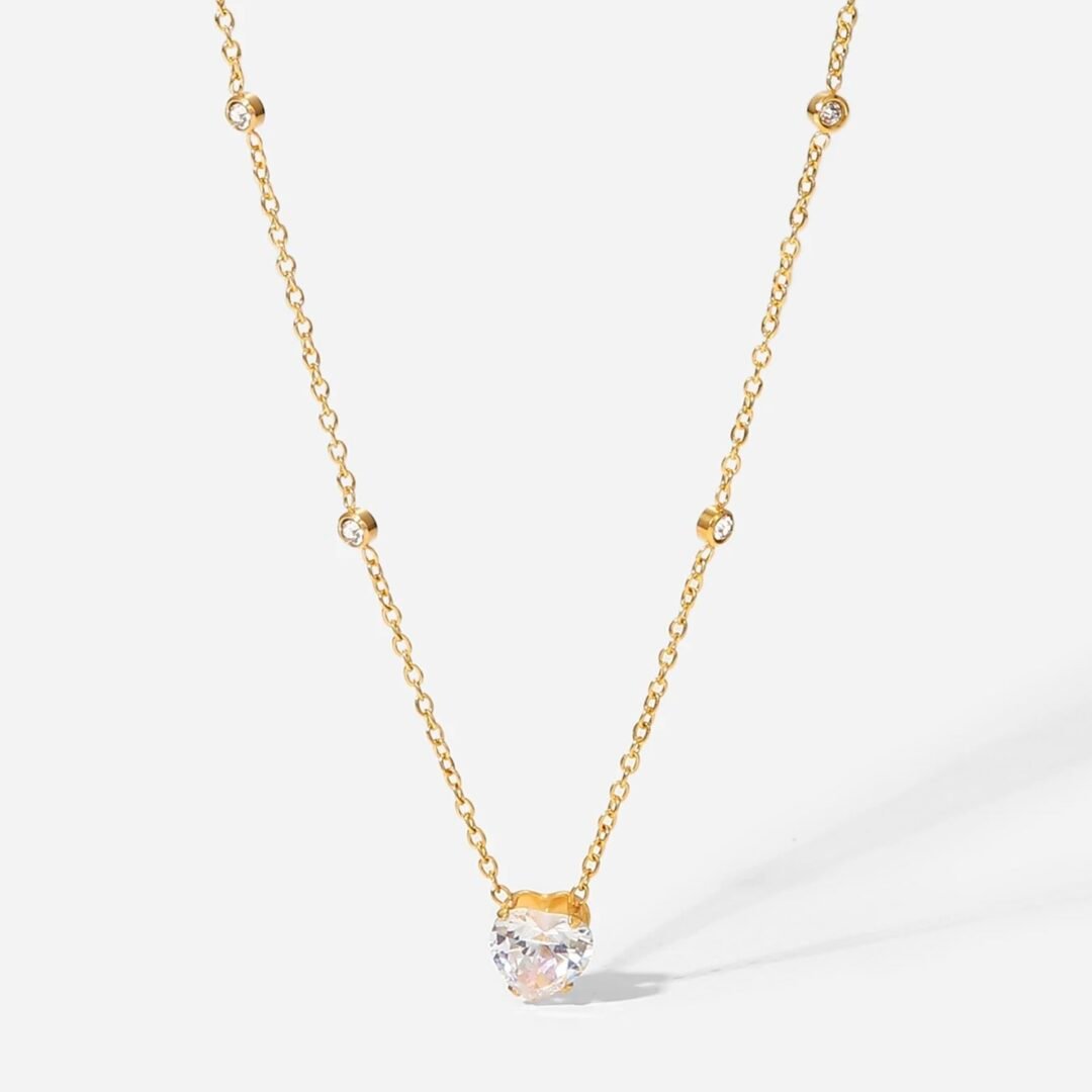 Zircon Heart Necklace — zircon pavé heart pendant in 18k gold-plated stainless steel, front view