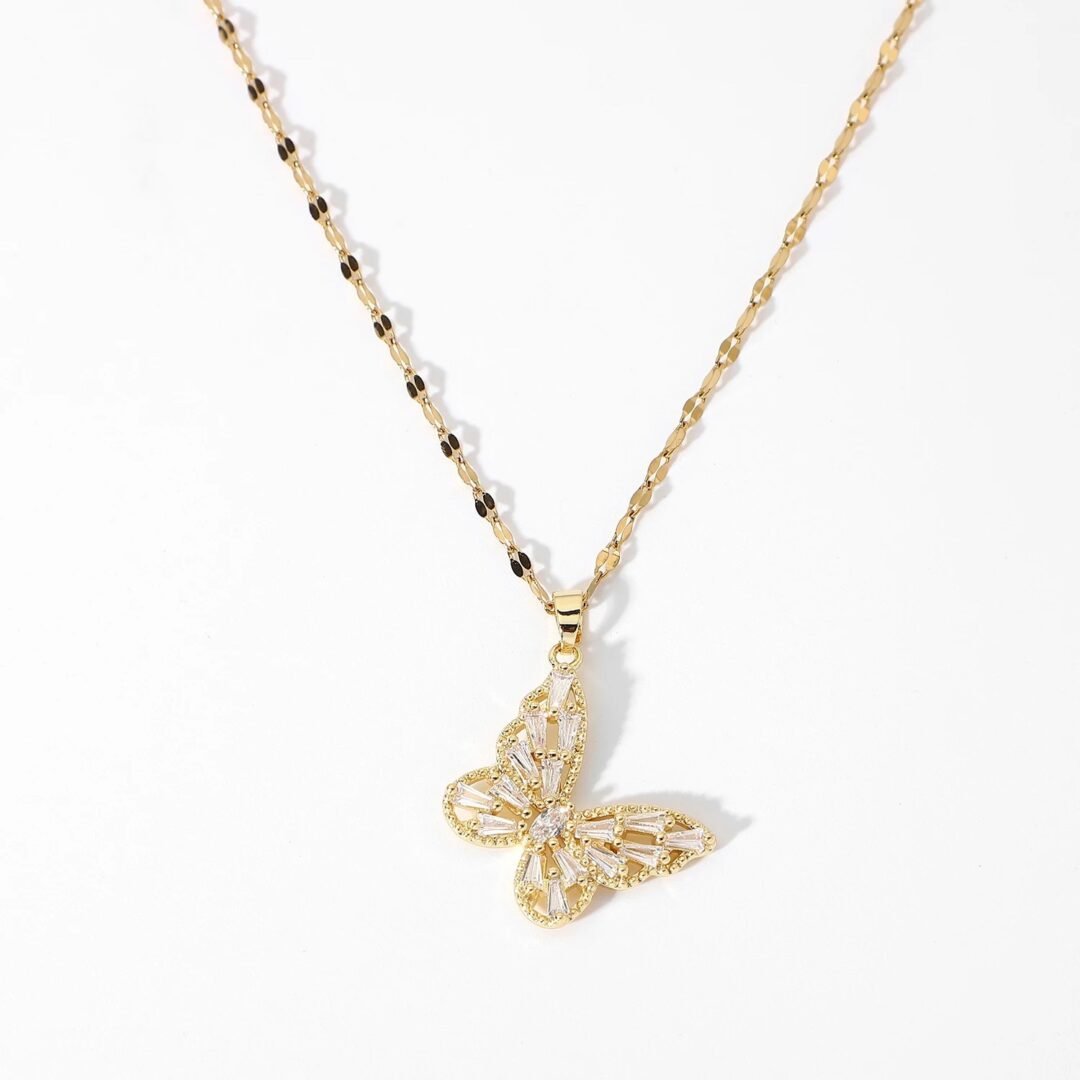 Crystal Butterfly — zircon butterfly pendant necklace in 18k gold-plated stainless steel, front view