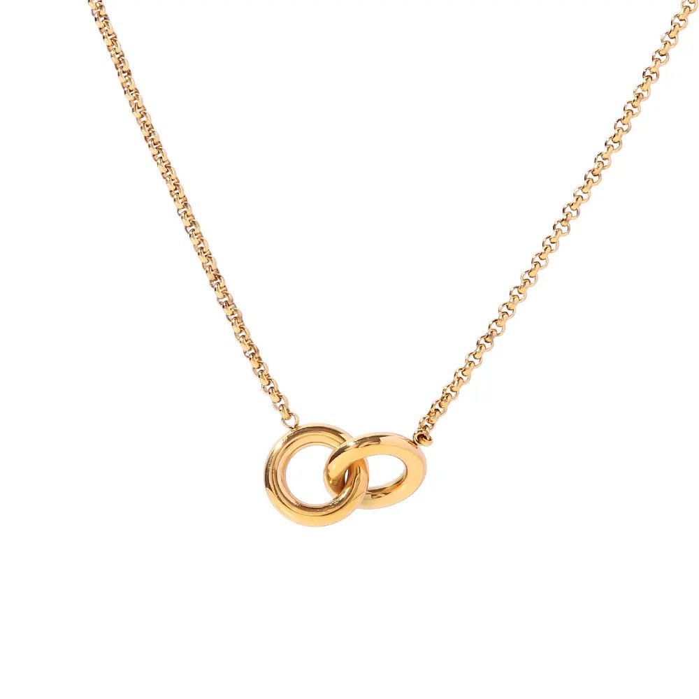 Intertwined — linked loop pendant necklace in 18k gold-plated stainless steel, front view