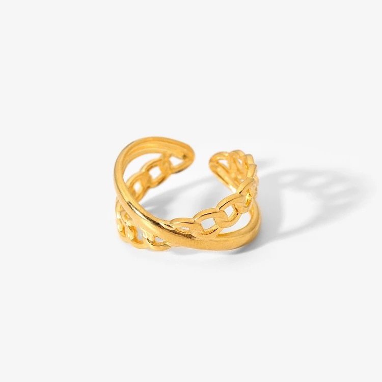 Crossed Band Ring — plain crossover band ring in 18k gold-plated stainless steel, front view