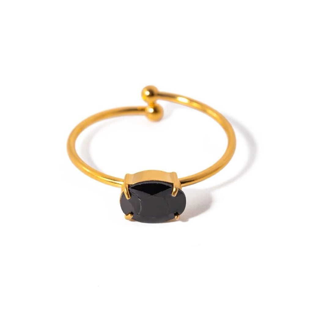 Obsidian Spark Ring — adjustable black zircon ring in 18k gold plating, front view