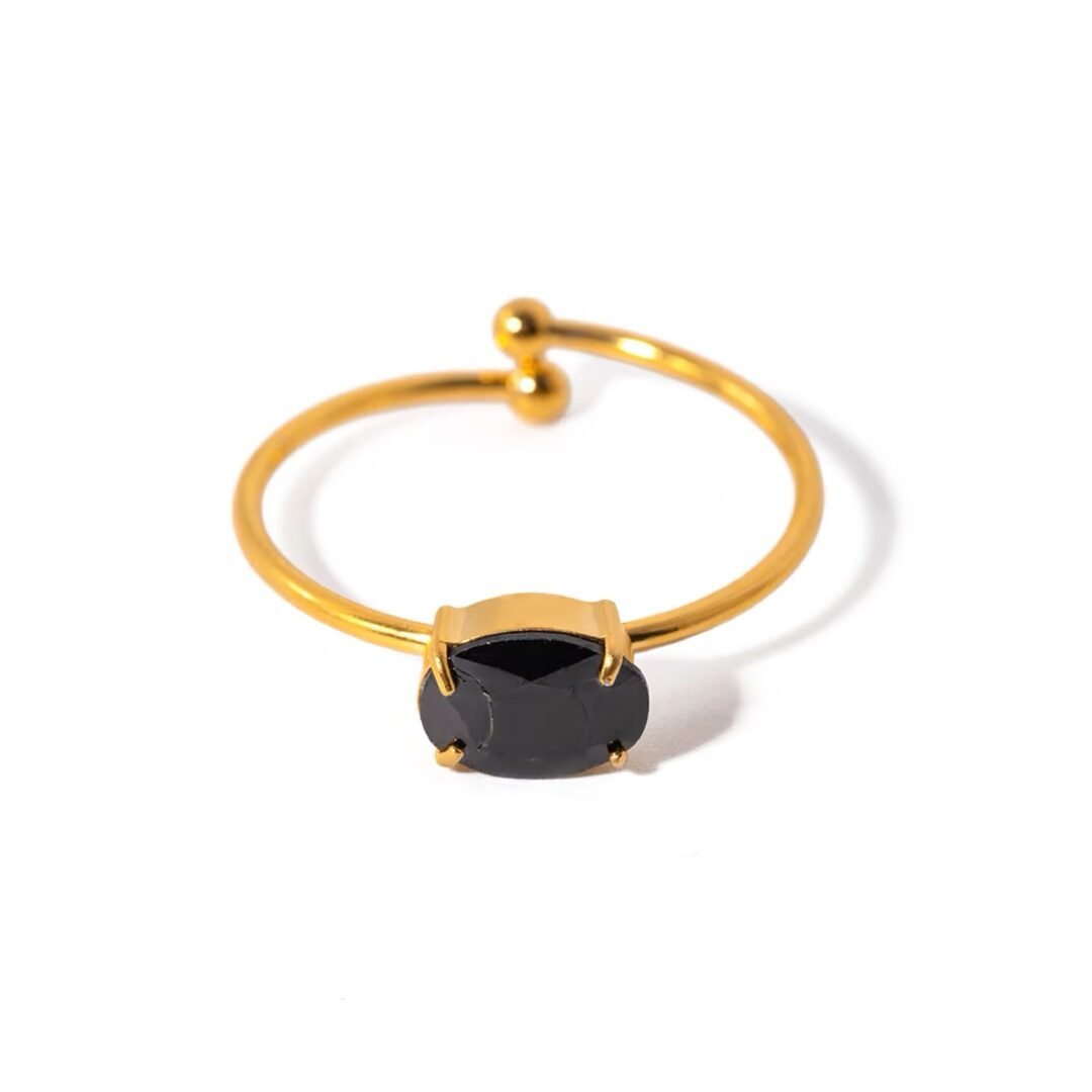 Obsidian Spark Ring — adjustable black zircon ring in 18k gold plating, front view