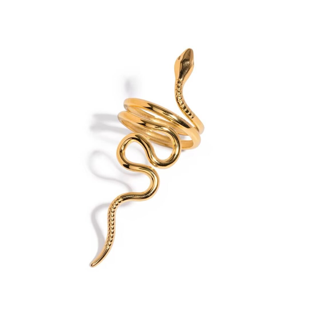 Python Ring — coiled gold snake ring with textured head and tail, front view