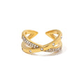 Crossed Ring — adjustable crossover zircon ring in 18k gold plating, front view
