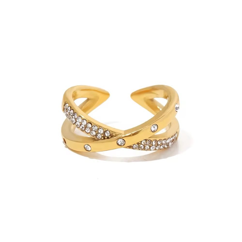 Crossed Ring — adjustable crossover zircon ring in 18k gold plating, front view