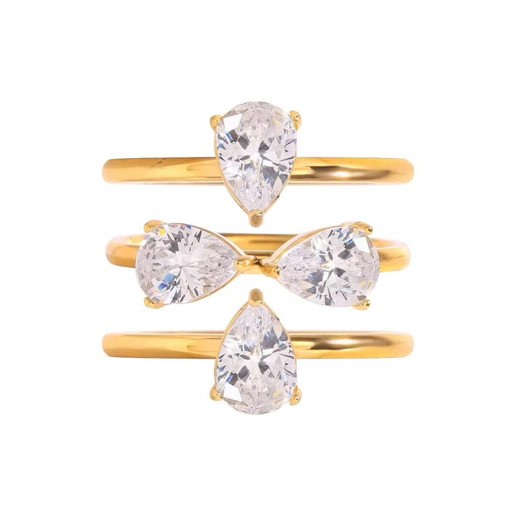 Clover Rings Set of 3 — three zircon clover rings in 18k gold plating, front view