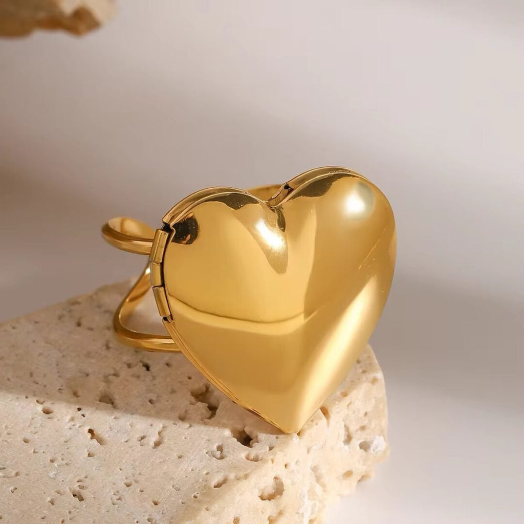 Simple Heart Picture Ring — adjustable gold heart ring, flat lay