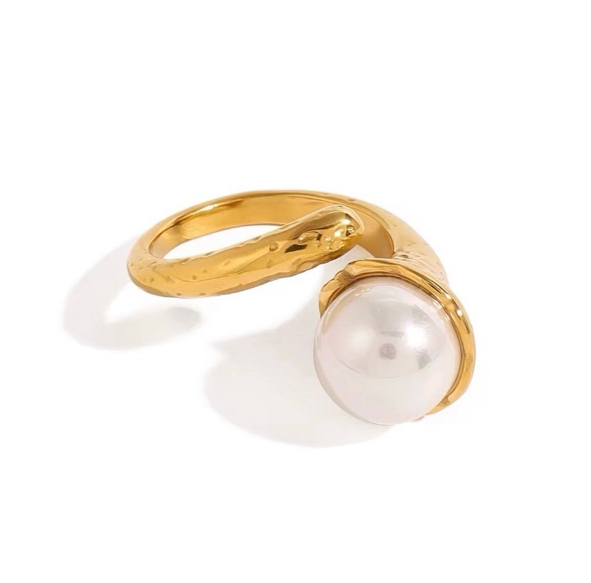 Pearl Sphere Ring — single imitation pearl ring in 18k gold-plated stainless steel, front view