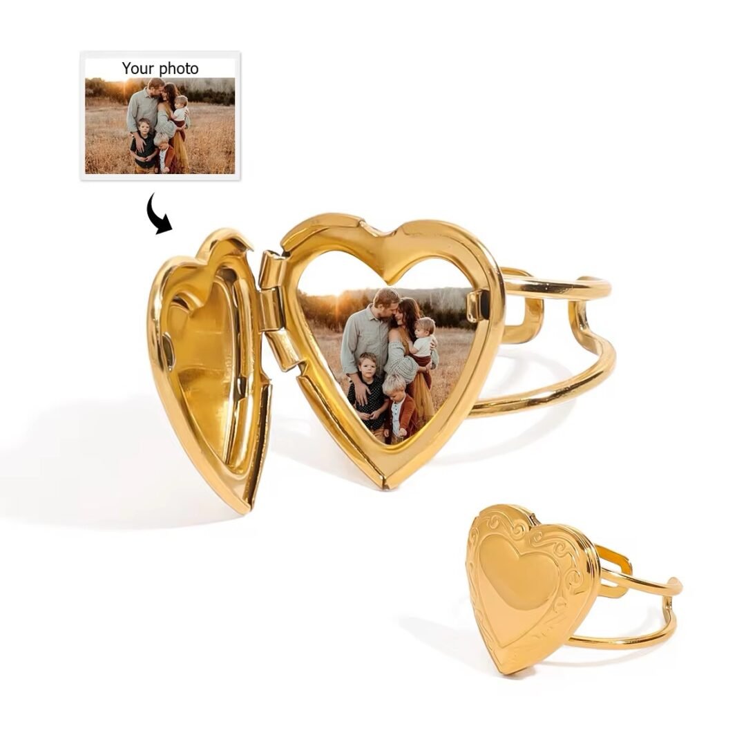 Texture Heart Picture Ring — gold heart ring styled on the hand