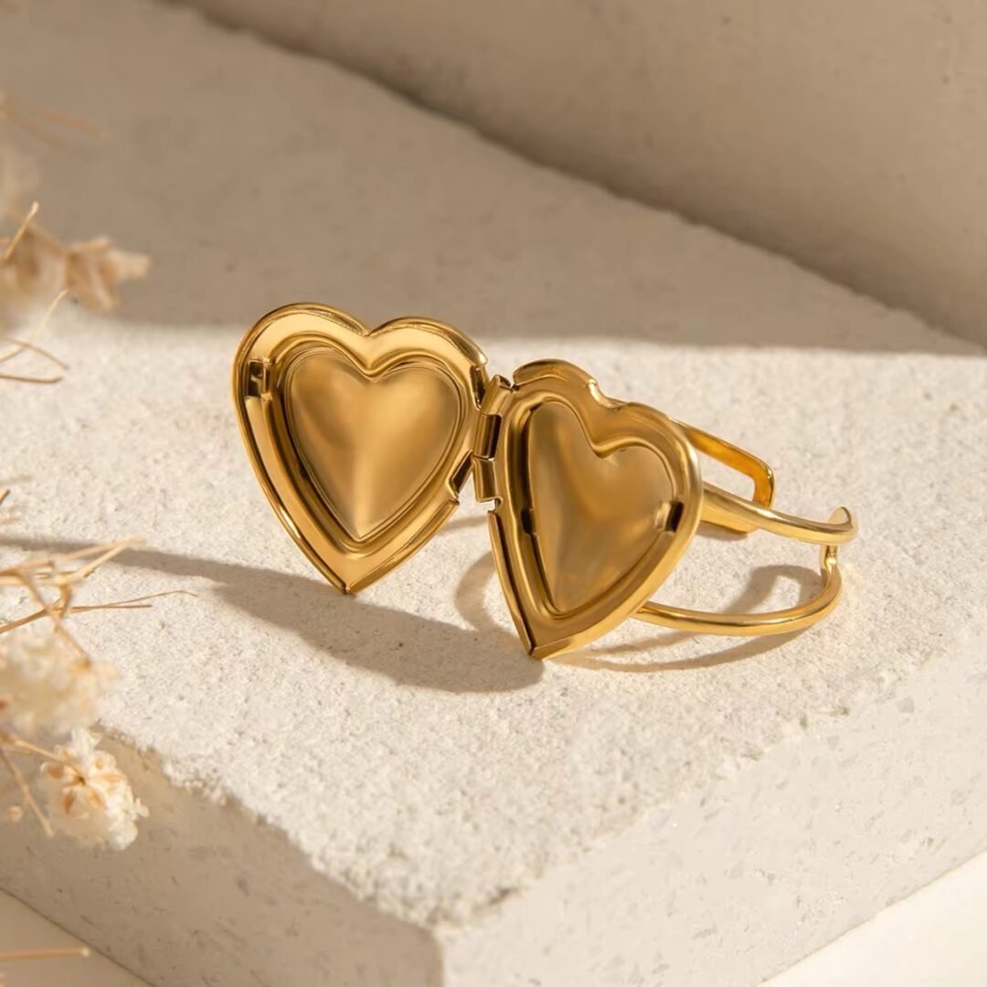 Simple Heart Picture Ring — gold heart ring styled on the hand