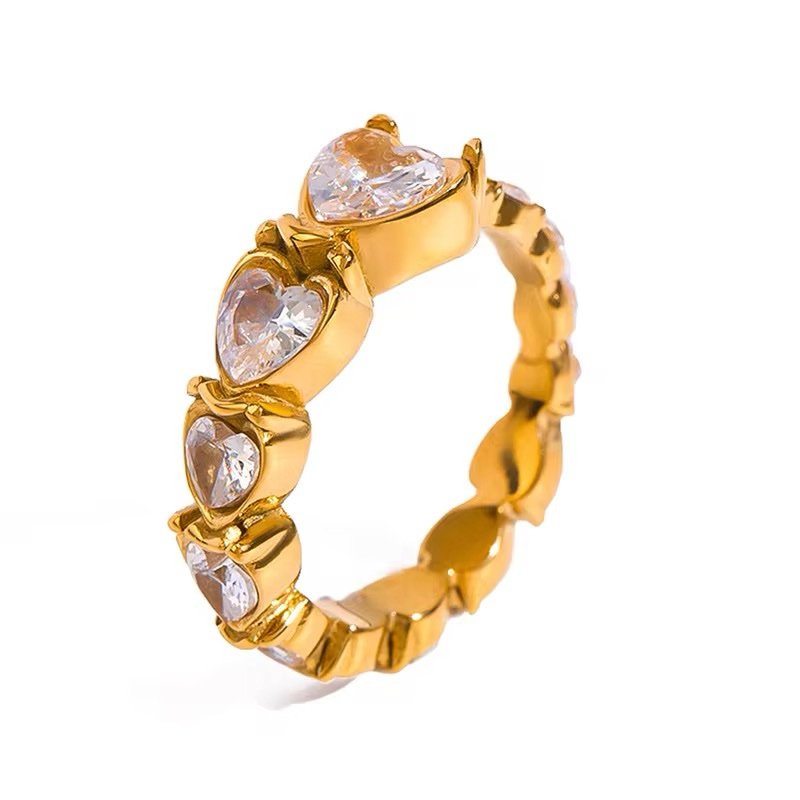 White Hearts Ring — white zircon heart ring in 18k gold-plated stainless steel, front view