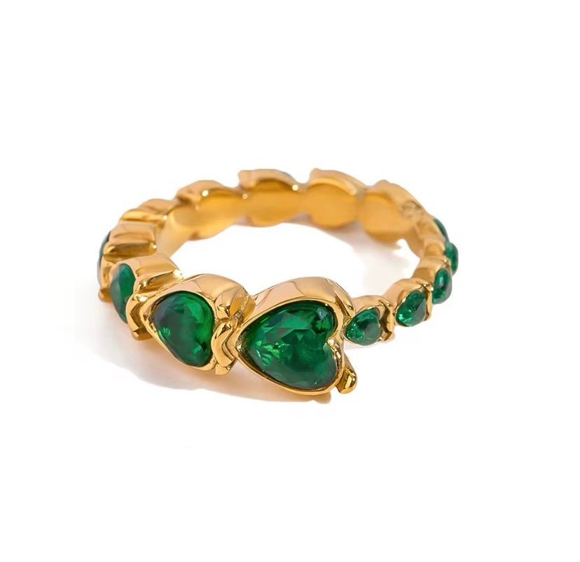 Green Hearts Ring — green zircon heart ring in 18k gold-plated stainless steel, front view