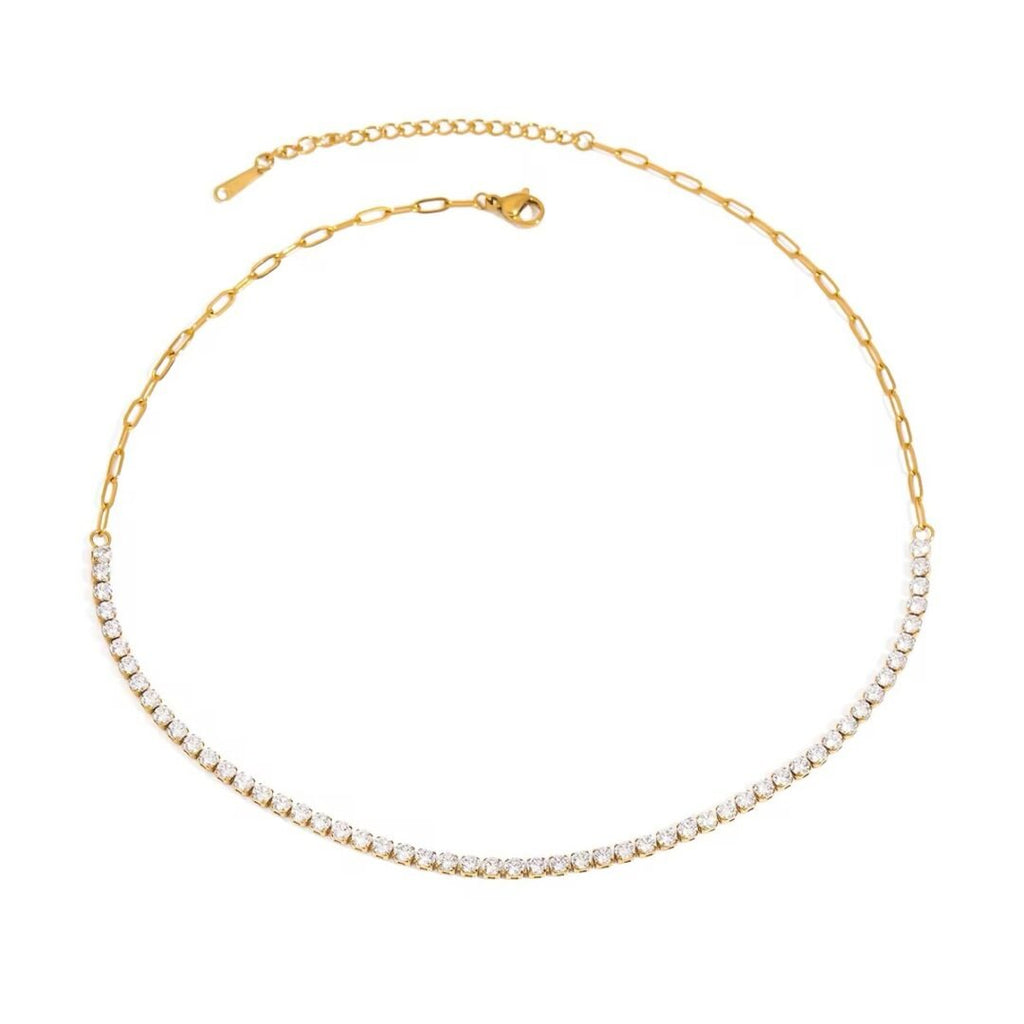 Tennis Necklace — continuous zircon necklace in 18k gold-plated stainless steel, front view