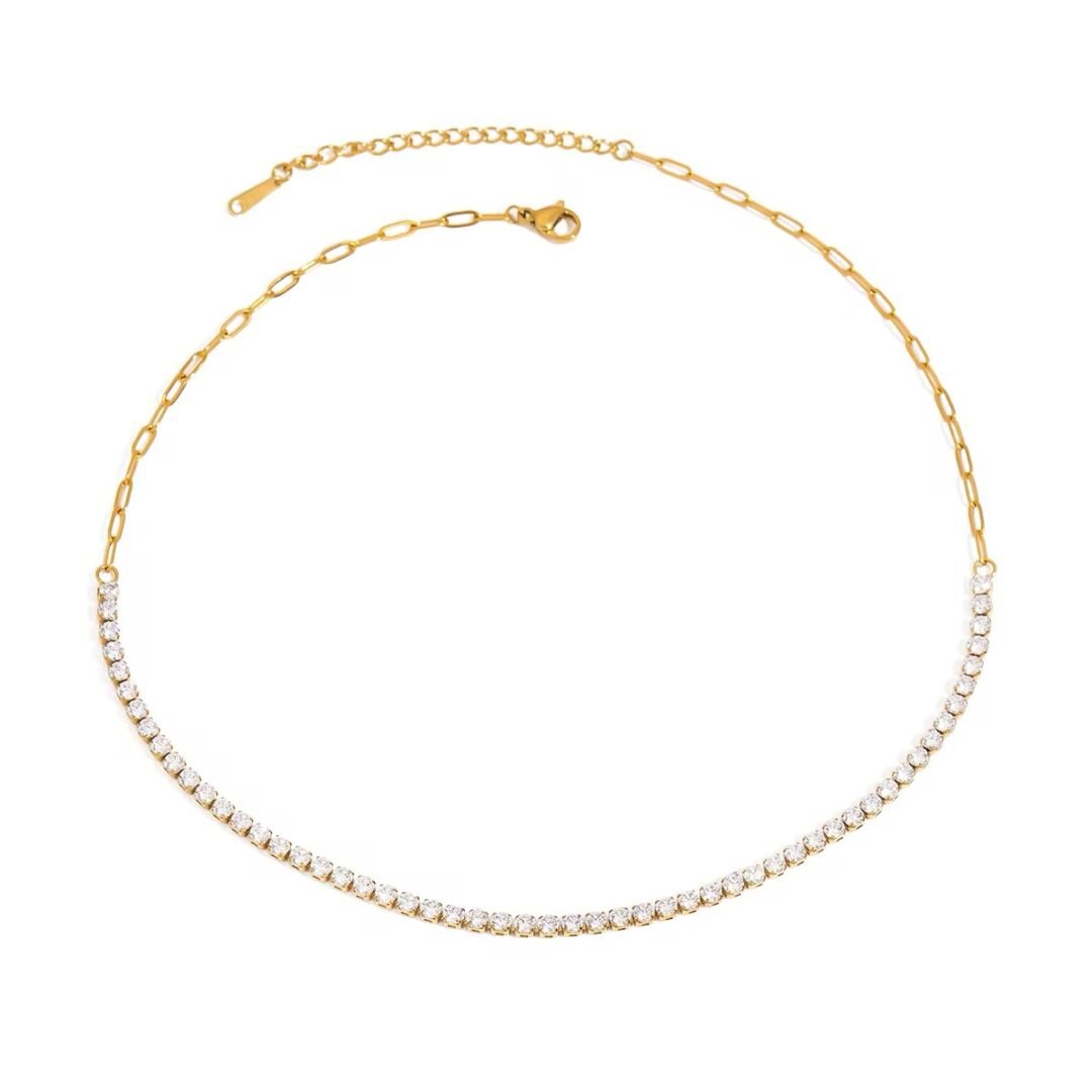 Tennis Necklace — continuous zircon necklace in 18k gold-plated stainless steel, front view