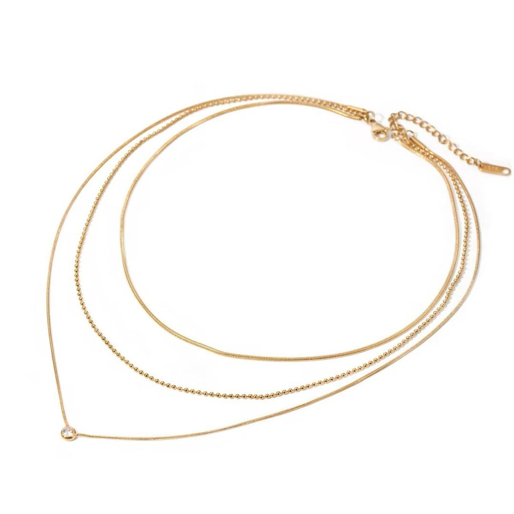 Three Layered Gem — three-layer zircon necklace in 18k gold plating, front view