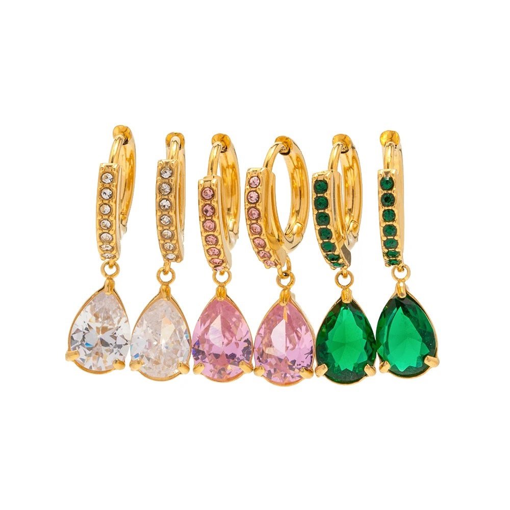 Tear Drop Green — green zircon teardrop earrings in 18k gold-plated stainless steel, front view