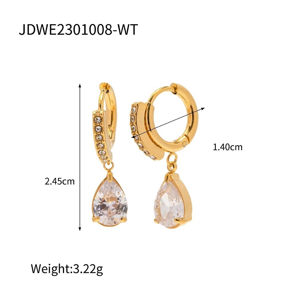 Tear Drop White — gold-plated teardrop earrings, angled view