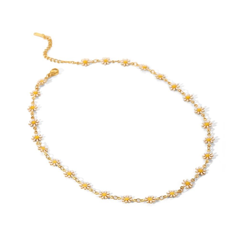 Daisies Necklace — daisy charm necklace in 18k gold-plated stainless steel, front view