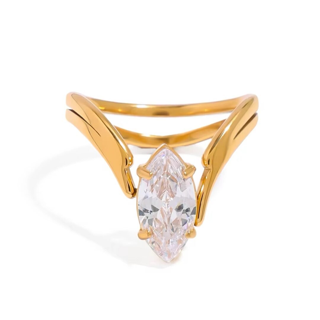 The Muse Ring — flush-set zircon band ring in 18k gold-plated stainless steel, front view
