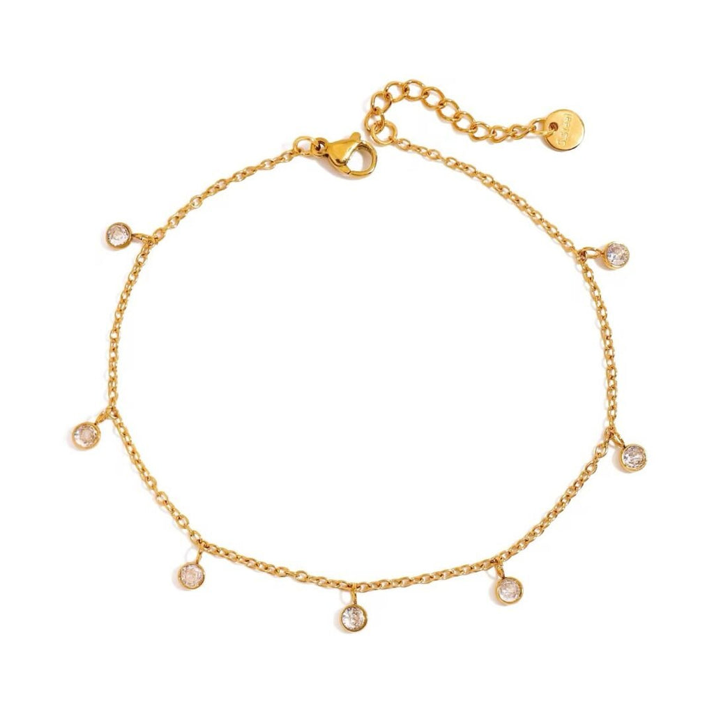 Drop Anklet — zircon drop anklet in 18k gold-plated stainless steel, front view