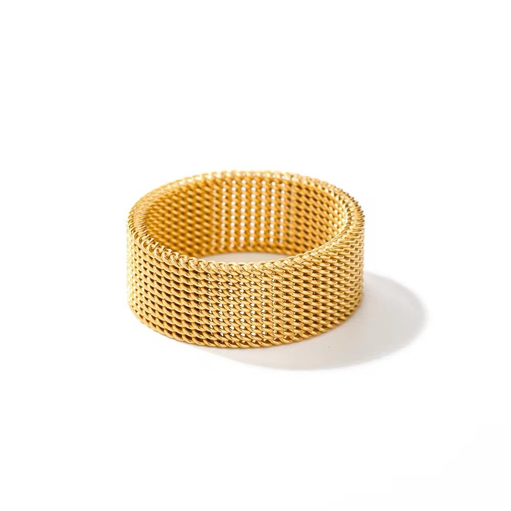 Mesh Ring — woven mesh band ring in 18k gold-plated stainless steel, front view