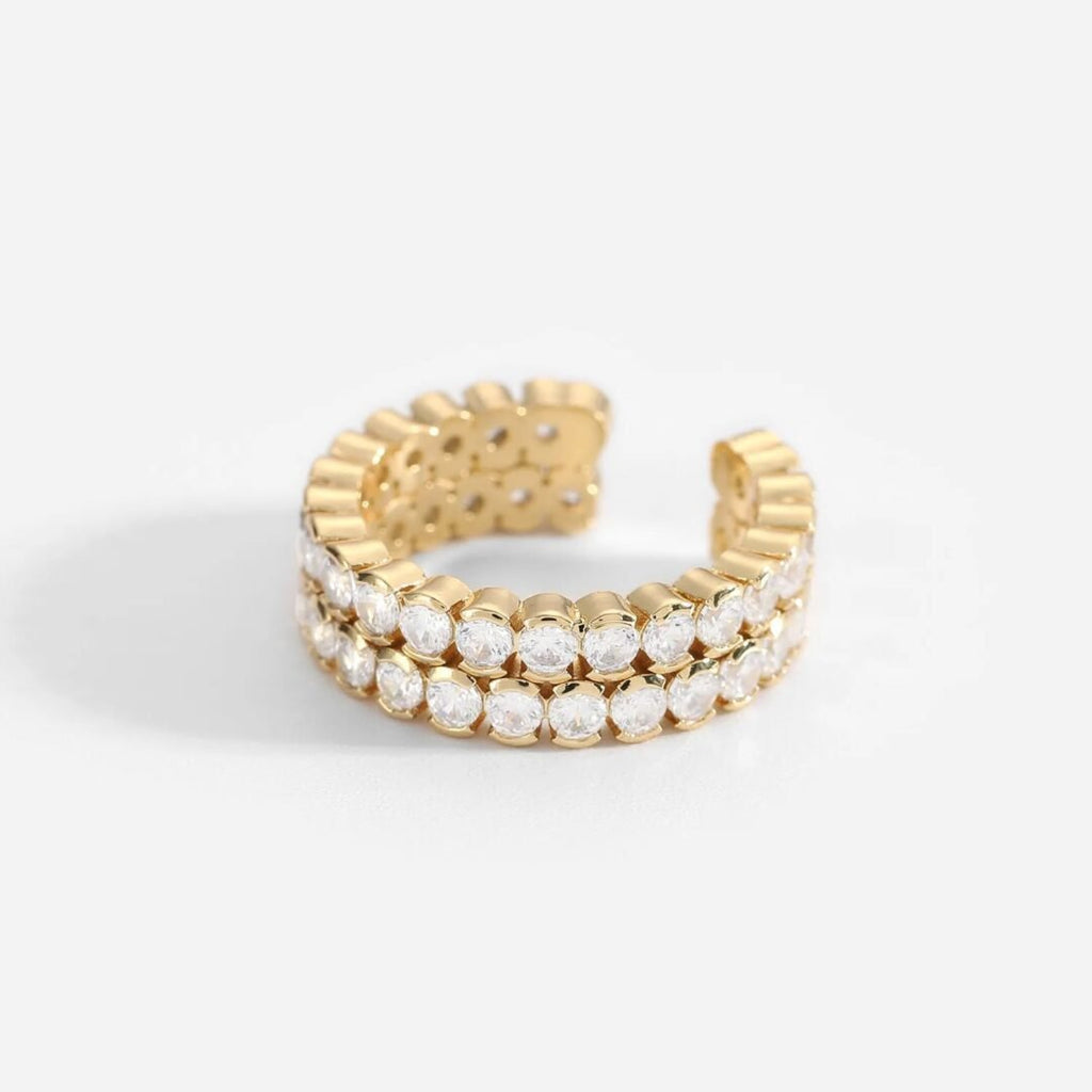 Twin Crystal Ring — adjustable two-stone zircon ring in 18k gold-plated brass, front view