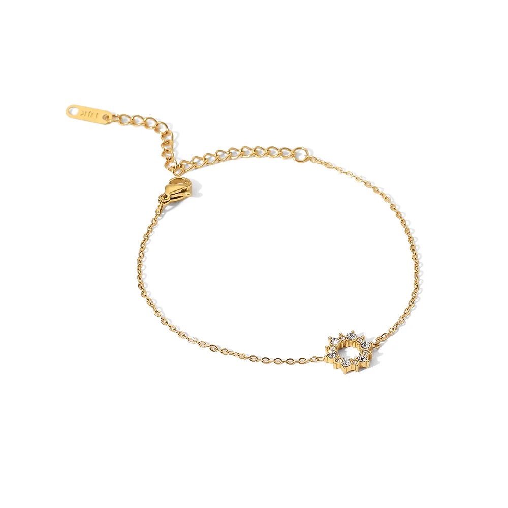 Ring Bracelet — zircon ring-detail chain bracelet in 18k gold plating, front view