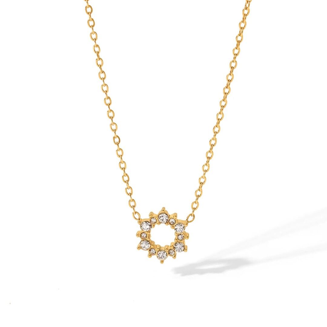 Halo — circular zircon pendant necklace in 18k gold-plated stainless steel, front view