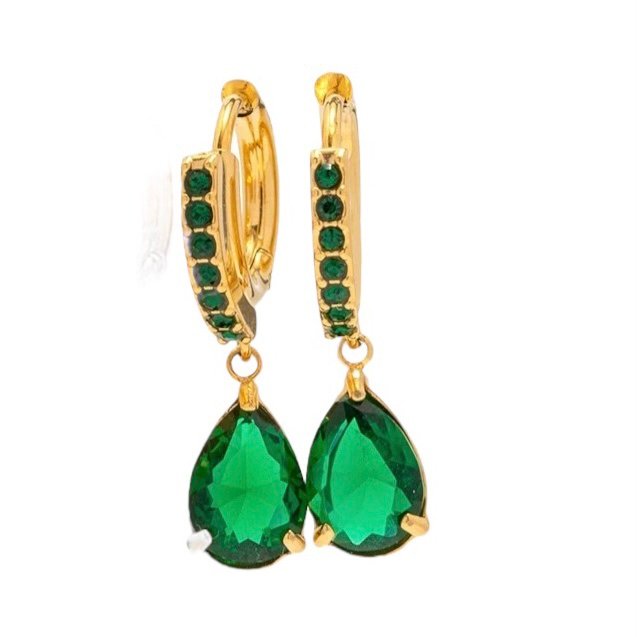 Tear Drop Green — green zircon earrings, flat lay