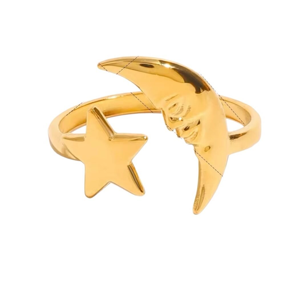Star and Moon Ring — open star and crescent moon ring in 18k gold-plated stainless steel, front view