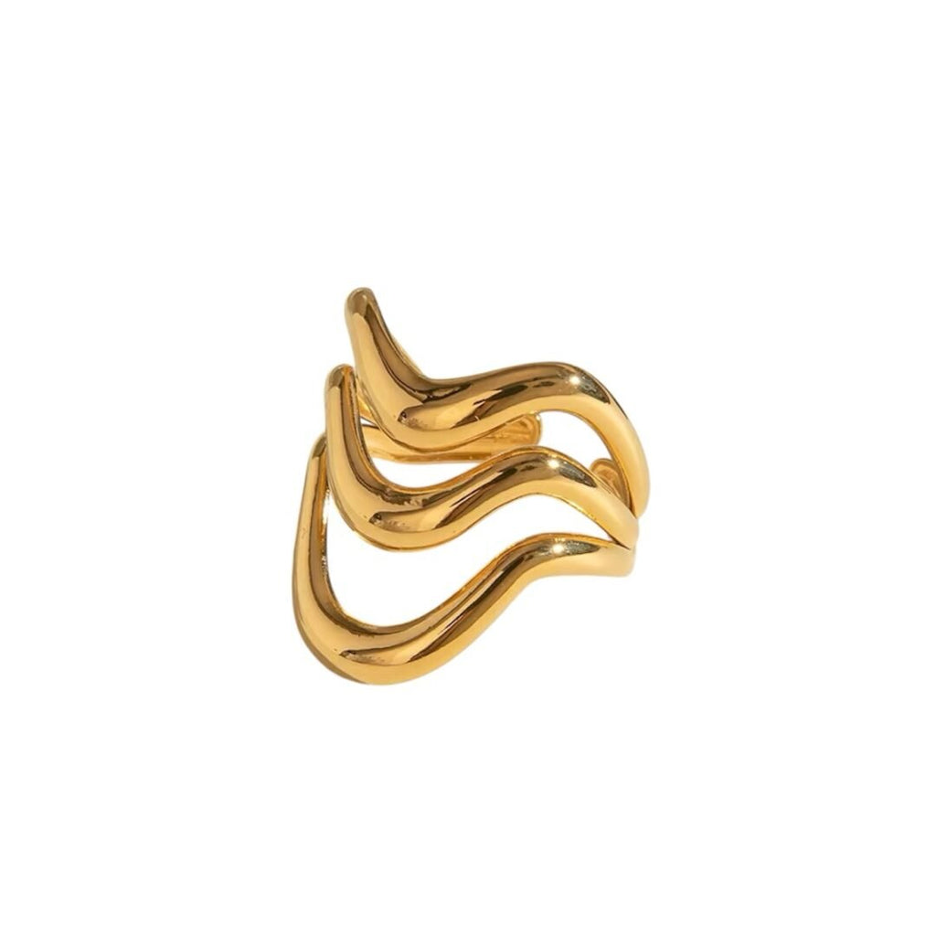 Third Wave — ring of three stacked wavy gold bands, front view