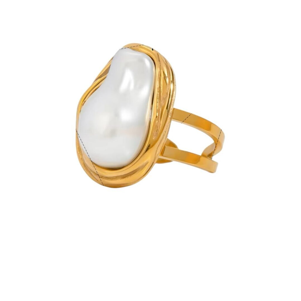 Jumbo Pearl Ring — oversized imitation pearl ring in 18k gold-plated stainless steel, front view
