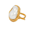 Jumbo Pearl Ring — oversized imitation pearl ring in 18k gold-plated stainless steel, front view