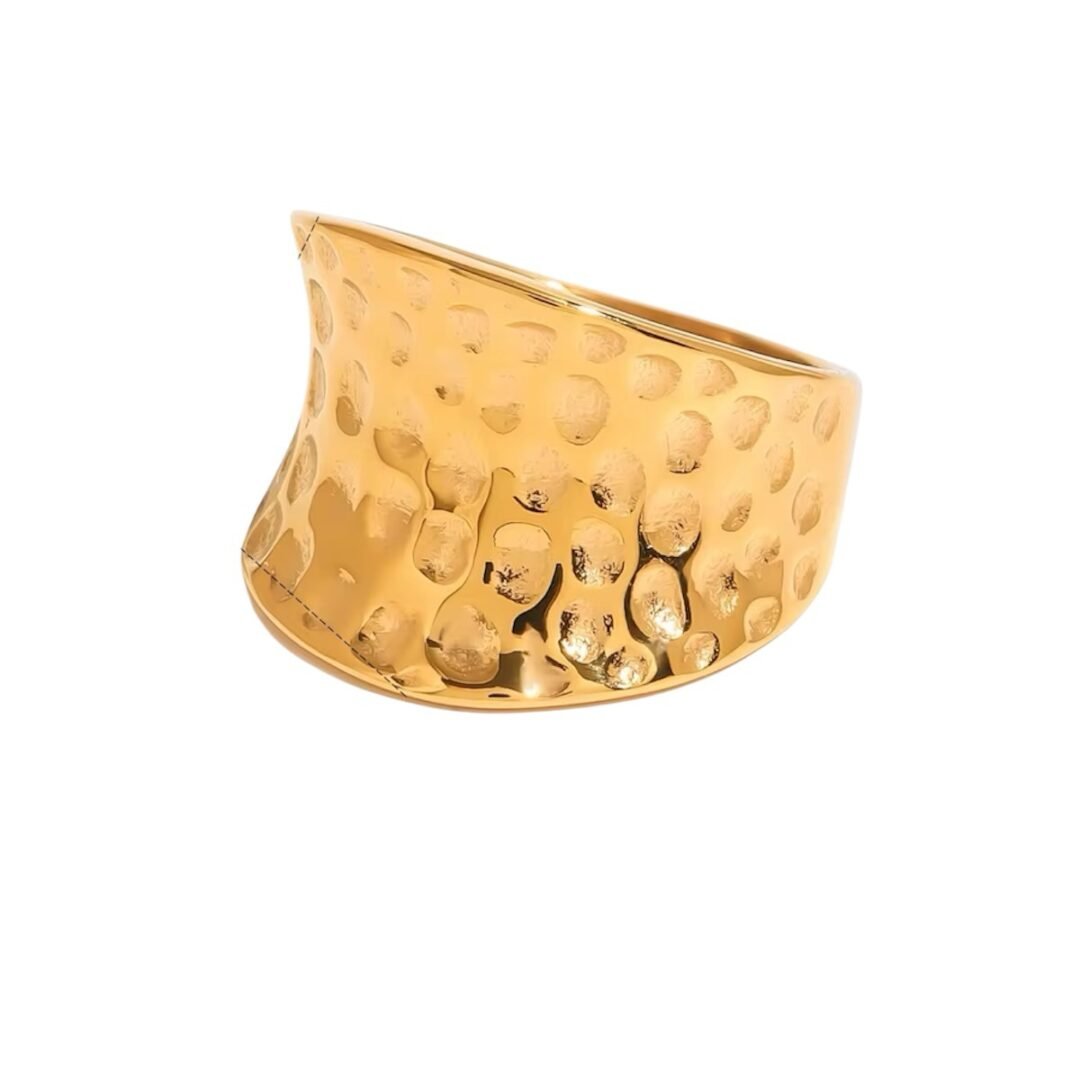 Hammered Ring — hammered-finish gold band in 18k gold-plated stainless steel, front view