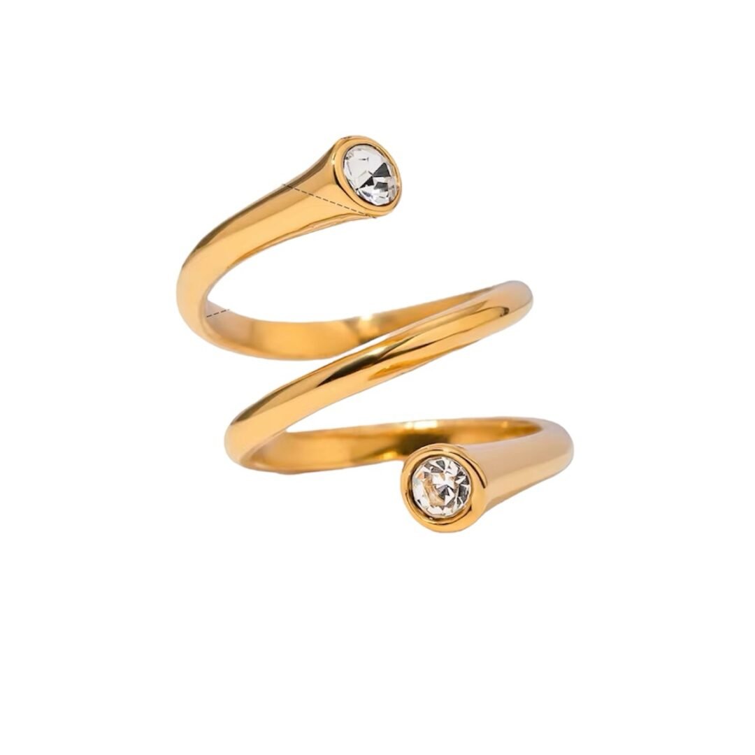 Spiral Ring — zircon spiral wrap ring in 18k gold-plated stainless steel, front view
