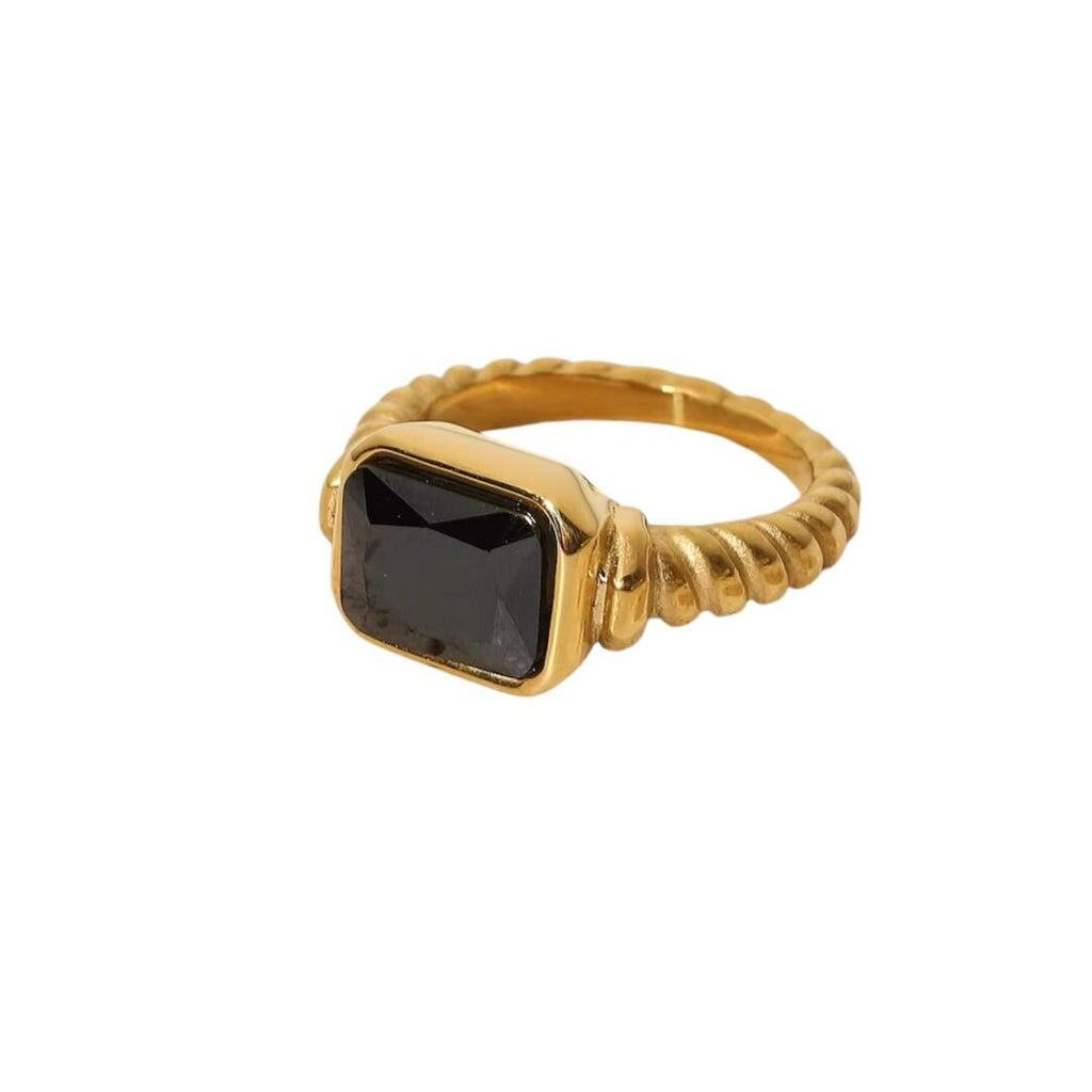Obsidian Dolce Ring — black zircon dome band ring in 18k gold-plated stainless steel, front view