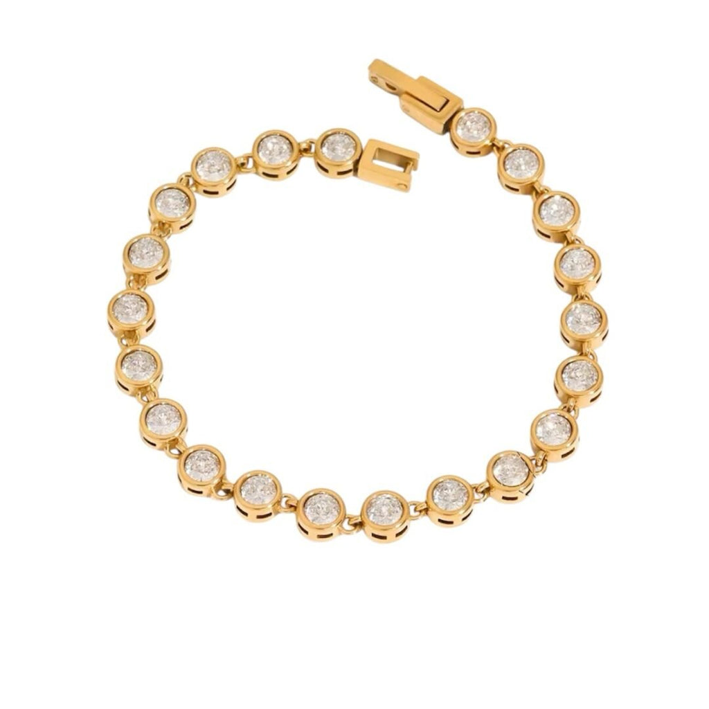 Majesty Bracelet — wide zircon statement bracelet in 18k gold-plated stainless steel, front view