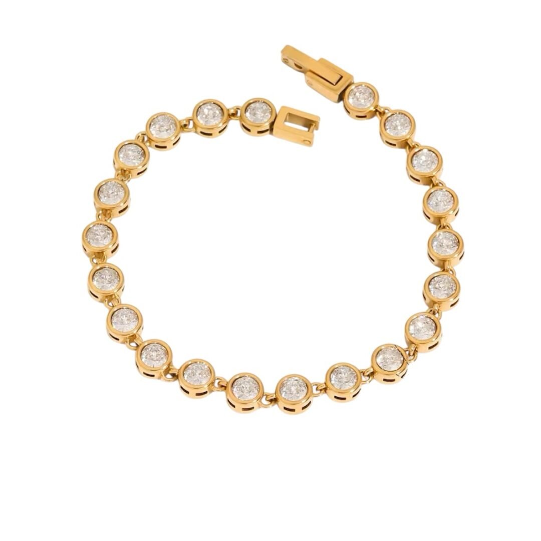 Majesty Bracelet — wide zircon statement bracelet in 18k gold-plated stainless steel, front view