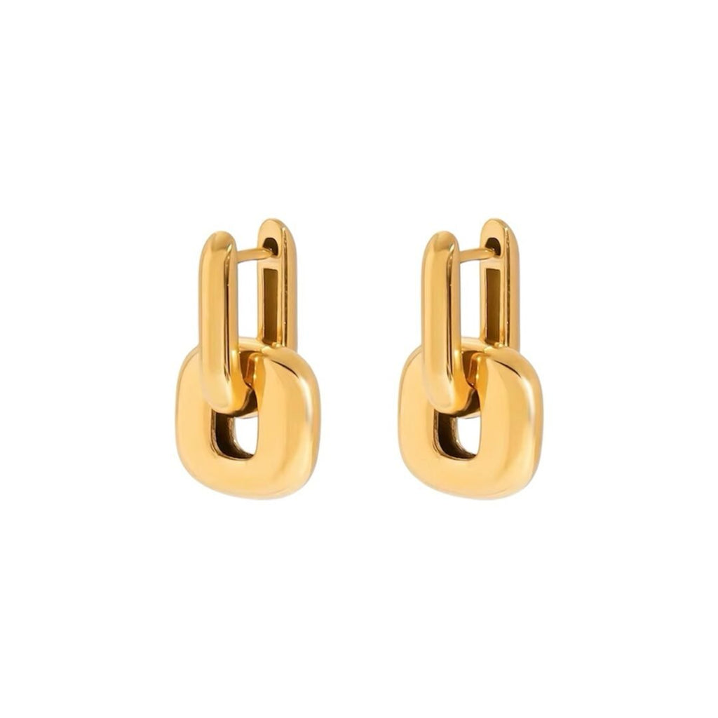 U Lock Earrings — U-shaped locking gold hoops in 18k gold-plated stainless steel, front view