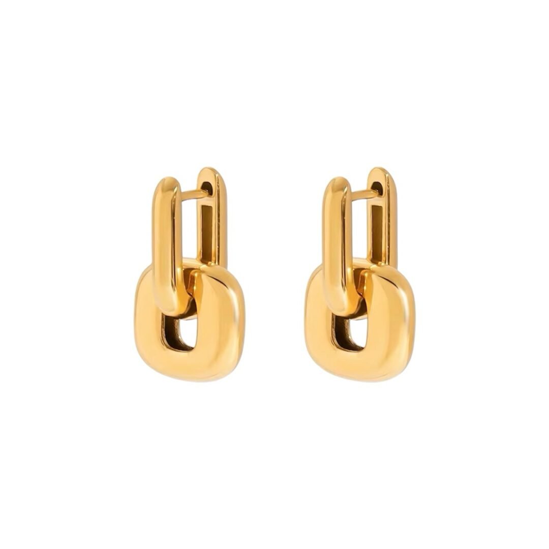 U Lock Earrings — U-shaped locking gold hoops in 18k gold-plated stainless steel, front view