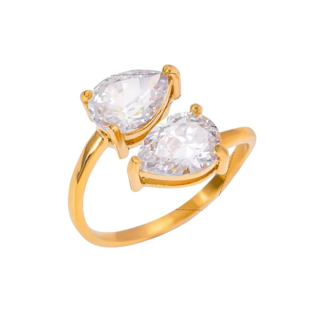 Two Souls Ring White — twin white zircon ring in 18k gold-plated stainless steel, front view