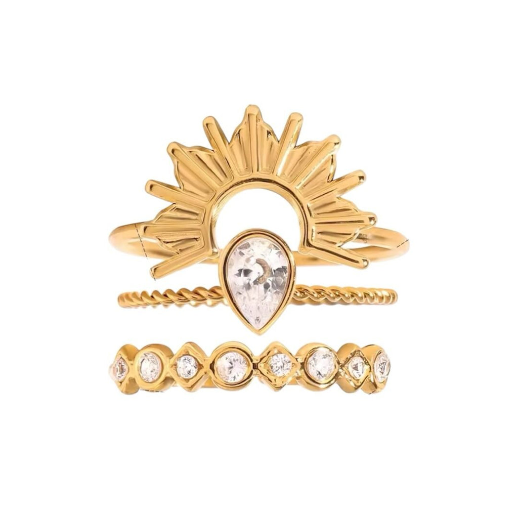 Rise Ring Set — matched zircon stacking ring set in 18k gold-plated stainless steel, front view